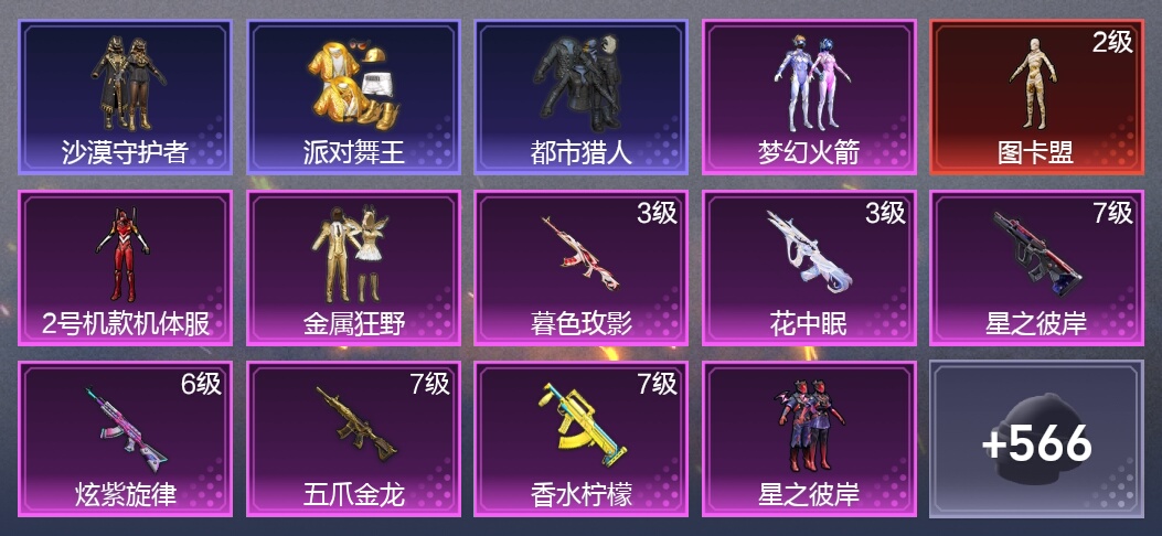 10升级枪 11粉装 6尾迹 324枪皮 251套装 113537热力 12印记 王牌