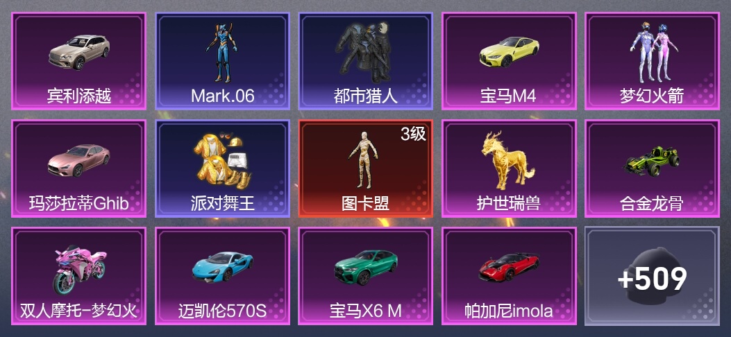 9载具 9升级枪 12粉装 7尾迹 289枪皮 207套装 104010热力 16印记 星钻