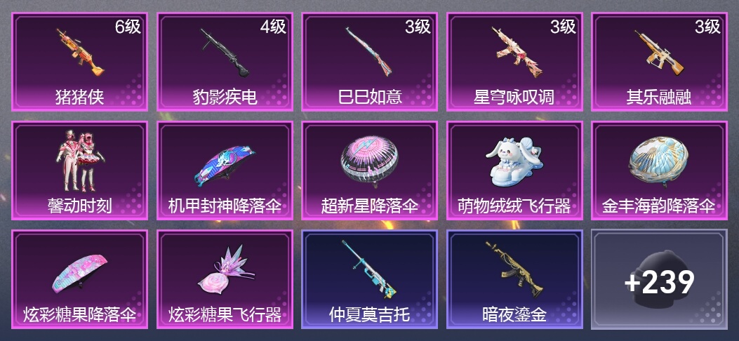 5升级枪 1粉装 2尾迹 133枪皮 129套装 37383热力 黄金