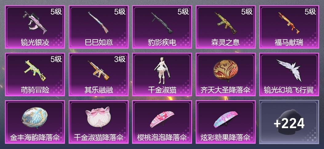 7升级枪 1粉装 2尾迹 129枪皮 105套装 36873热力 8印记 白银