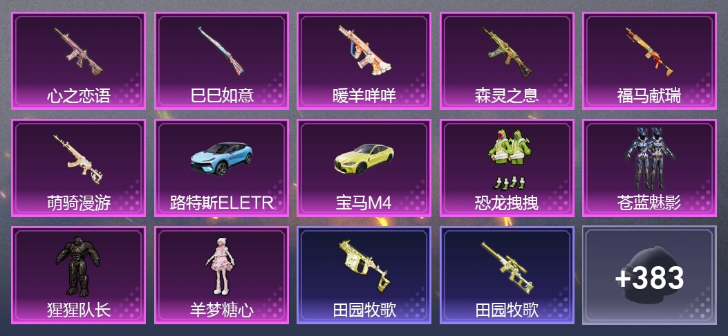 2载具 6升级枪 4粉装 2尾迹 241枪皮 207套装 8,6119热力 20印记