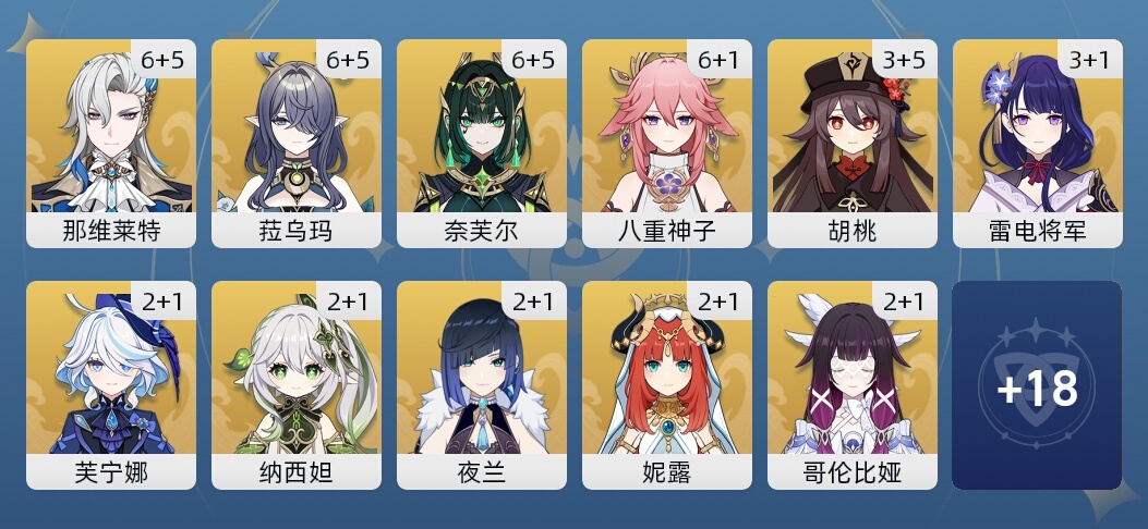 134黄 93角色黄 41武器黄 29五星角色 25五星武器 女主 60级