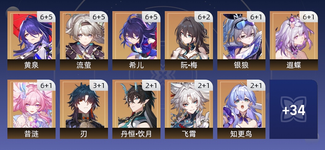 233黄 153角色黄 80光锥黄 45五星角色 47五星光锥 70级 女主