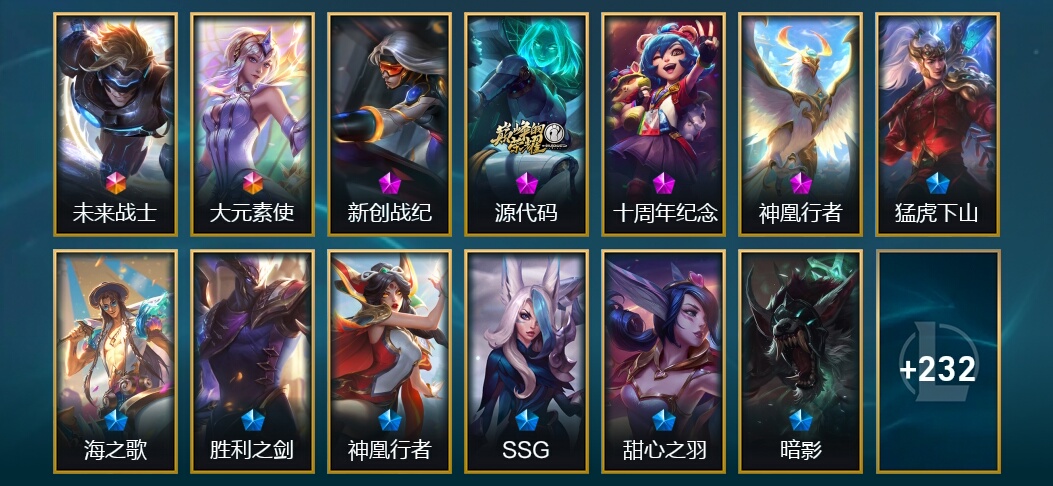 2终极 4神话 4臻彩 52限定 25传说 246皮肤 39炫彩 142英雄