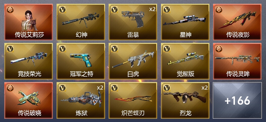 1传说角色 3传说武器 5王者武器 7炫金武器 171V武器 9V角色 108皮肤 可排位 宗师